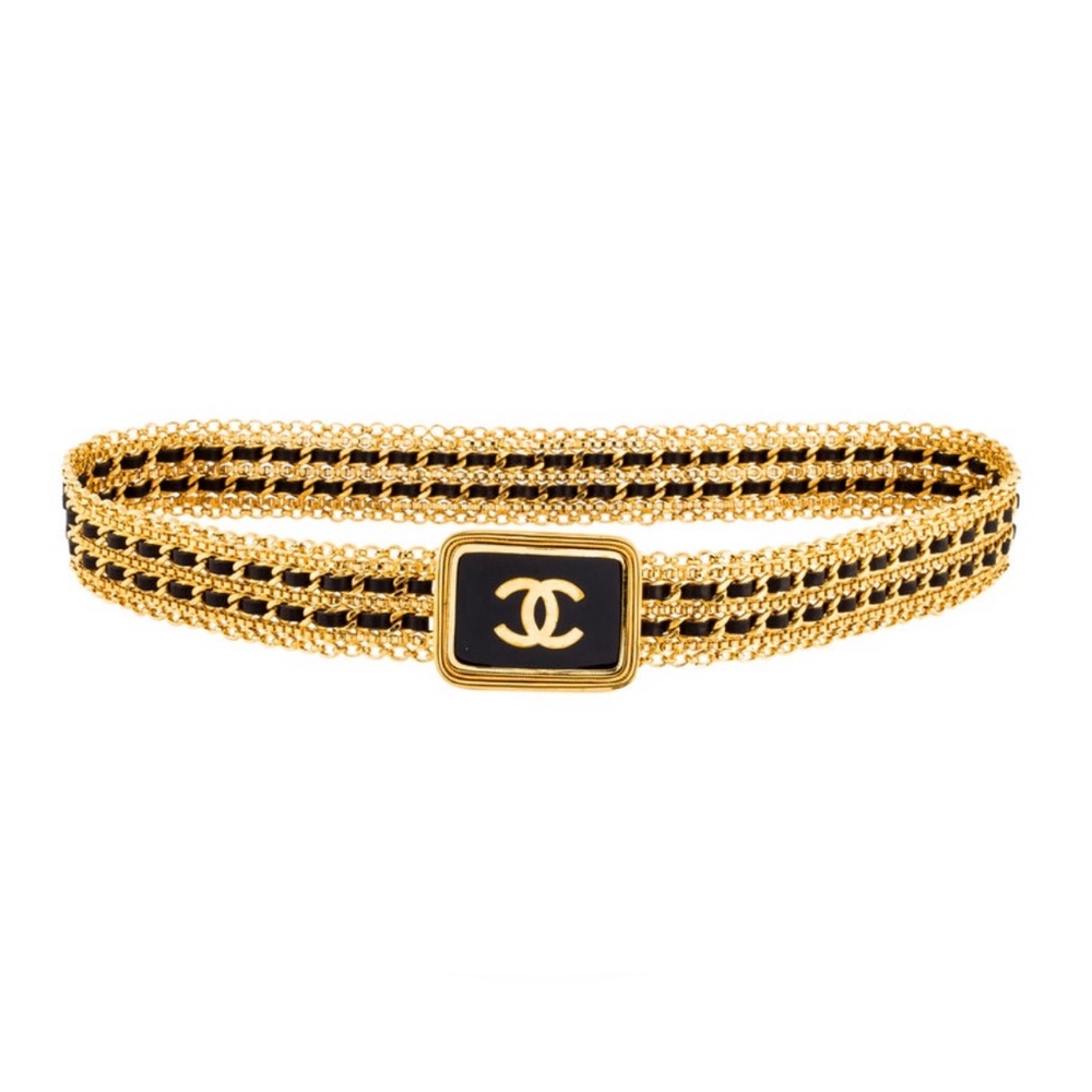 Chanel Vintage Black & Gold Logo CC Metal & leather Weaved Belt 27" Waist